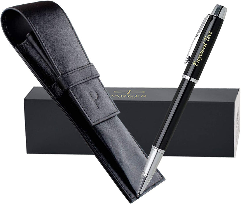 Personalised Parker IM Black Ballpen & Rollerball with Silver Trim in Parker Leather Pouch and Gift Box