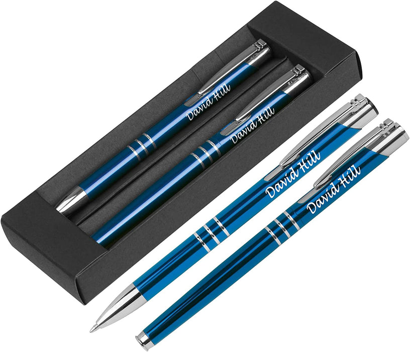 Personalised Engraved Elegant Blue Ballpen and Rollerball Set with Gift Box