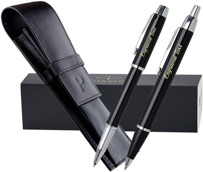 Personalised Parker IM Black Ballpen & Rollerball with Silver Trim in Parker Leather Pouch and Gift Box