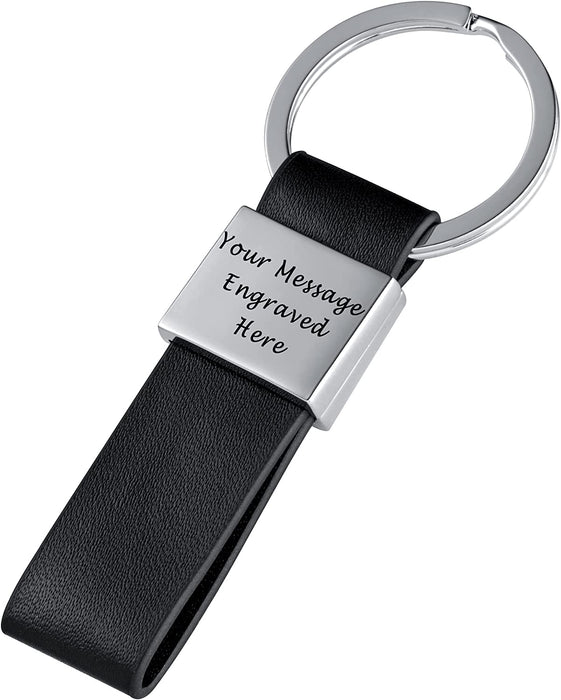 Personalised Engraved Stainless Steel and Leather Keyring in Protective Sleeve