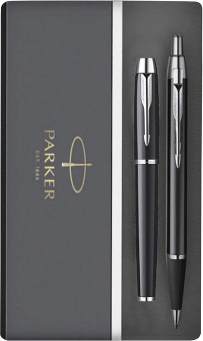 Personalised Parker IM Black Ballpen & Rollerball Pen Set with Silver Trim in Parker Presentation Box