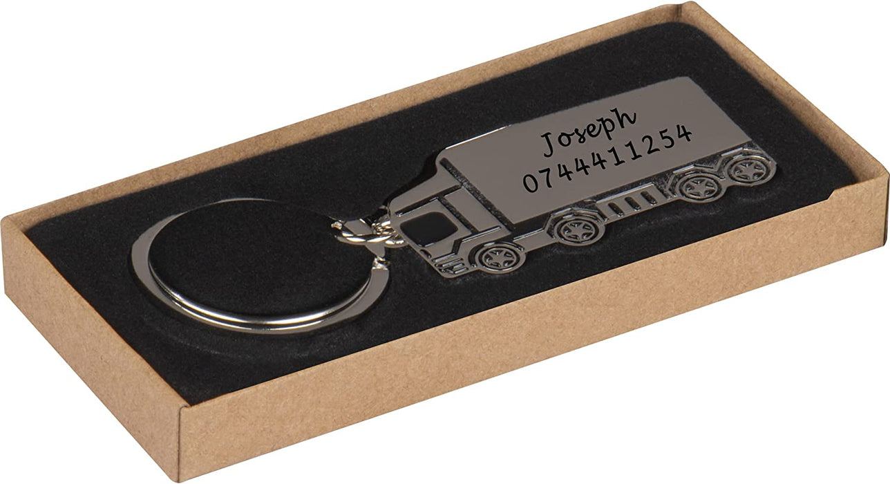 Personalised Engraved Chrome Flat Lorry Truck Shape Keyring in Protective Sleeve