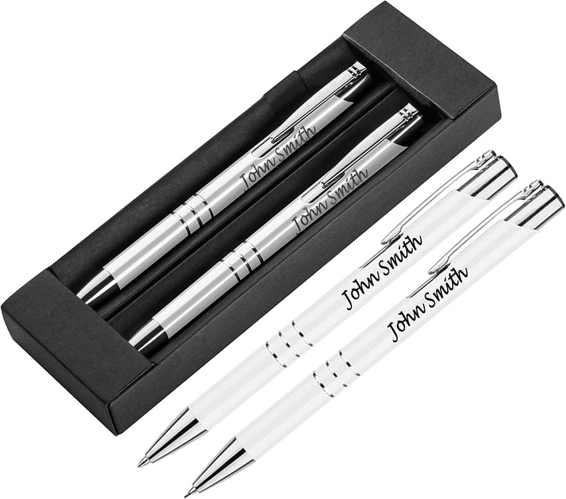 Personalised Engraved White Pen and Pencil Set with Silver Trim in Gift Box