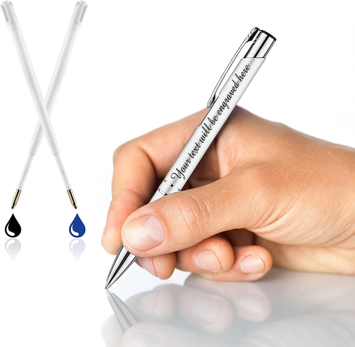 Personalised Engraved White Ballpen with Silver Trim in Gift Box or Velvet Pouch with Refill Options