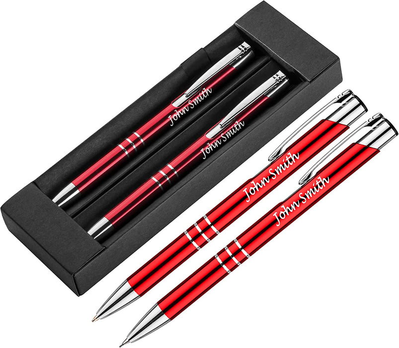 Personalised Engraved Red Pen and Pencil Set with Silver Trim in Gift Box