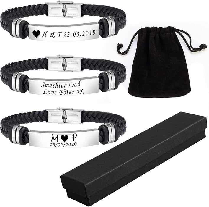 Personalised Leather Bracelet with Gift Box and Velvet Pouch