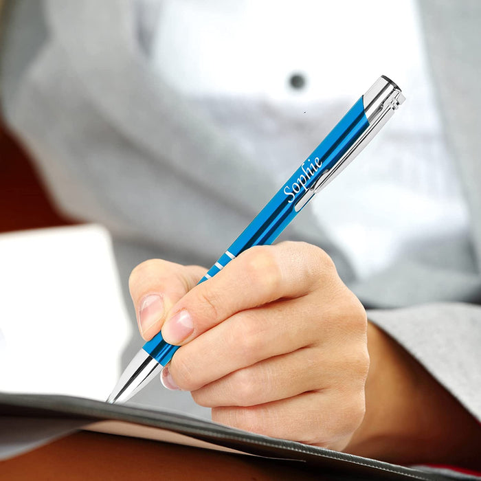 Personalised Engraved Blue Pen and Pencil Set with Silver Trim in Gift Box