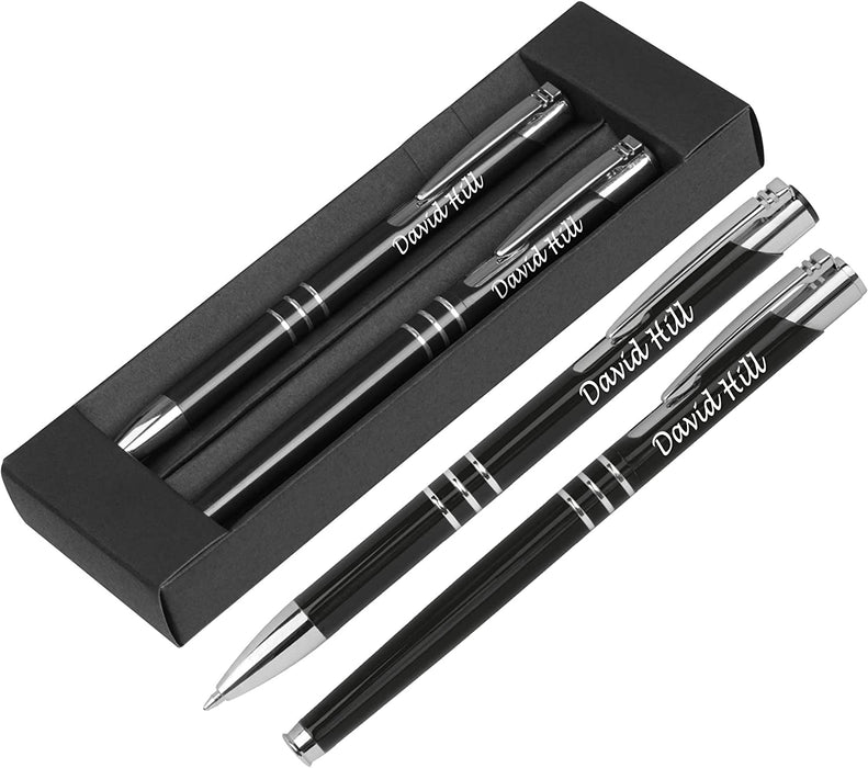 Personalised Engraved Black Ballpoint and Rollerball Pen Set with Silver Trim and Presentation Box