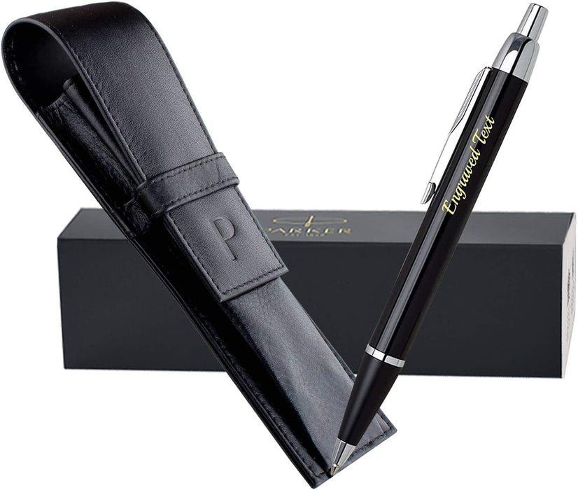 Personalised Parker IM Black Ballpen & Rollerball with Silver Trim in Parker Leather Pouch and Gift Box