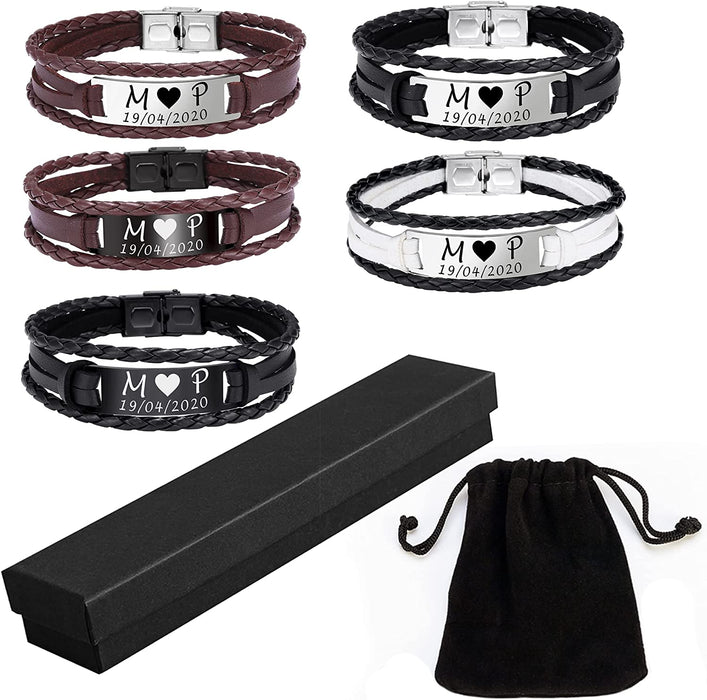 Personalised Leather Bracelet with Gift Box and Velvet Pouch