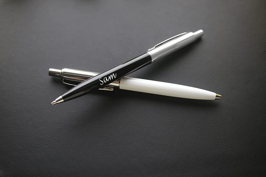 Personalised Engraved Black Slim Ballpoint Pen with Silver Trim in Chrome Case or Gift Box