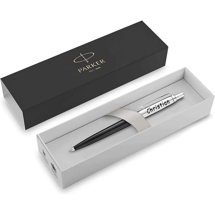 Personalised Engraved Parker Jotter Black Ballpoint Pen in Gift Box and Genuine Pink Leather Pouch