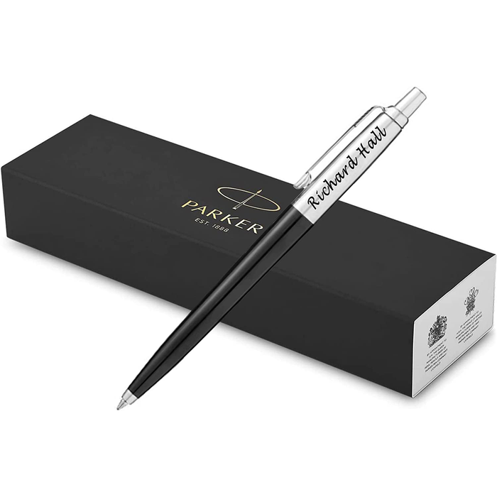 Personalised Engraved Parker Jotter Black Ballpoint Pen Gift Boxed with a Classy Genuine Leather Pen Slip