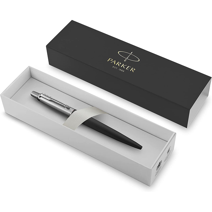 Personalised Engraved Parker Jotter Black Ballpoint Pen in Gift Box and Genuine Pink Leather Pouch