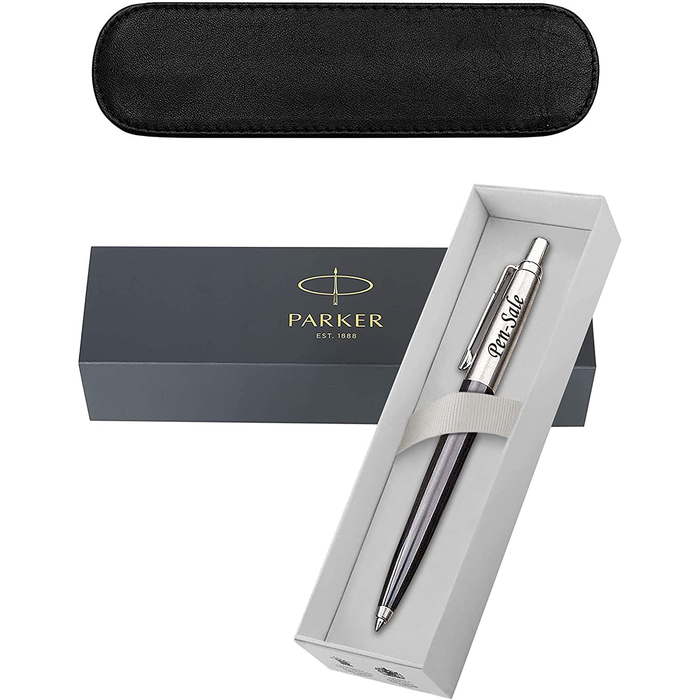 Personalised Engraved Parker Jotter Black Ballpoint Pen Gift Boxed with a Classy Genuine Leather Pen Slip