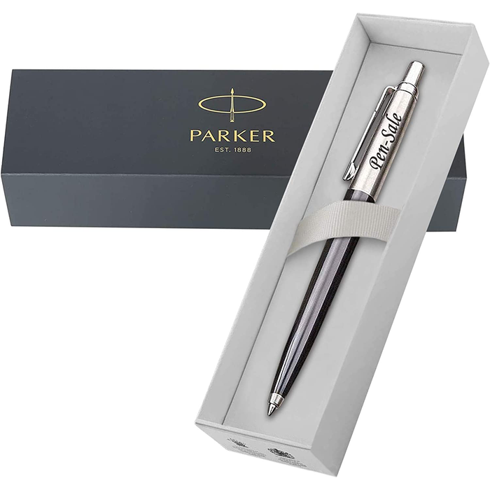 Personalised Black and Silver Parker Jotter Ballpoint Pen in Blue Leather Case and Parker Gift Box