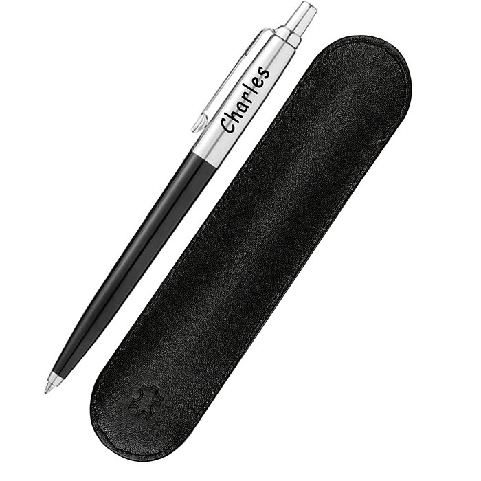 Personalised Engraved Parker Jotter Black Pen with Genuine Leather Pouch