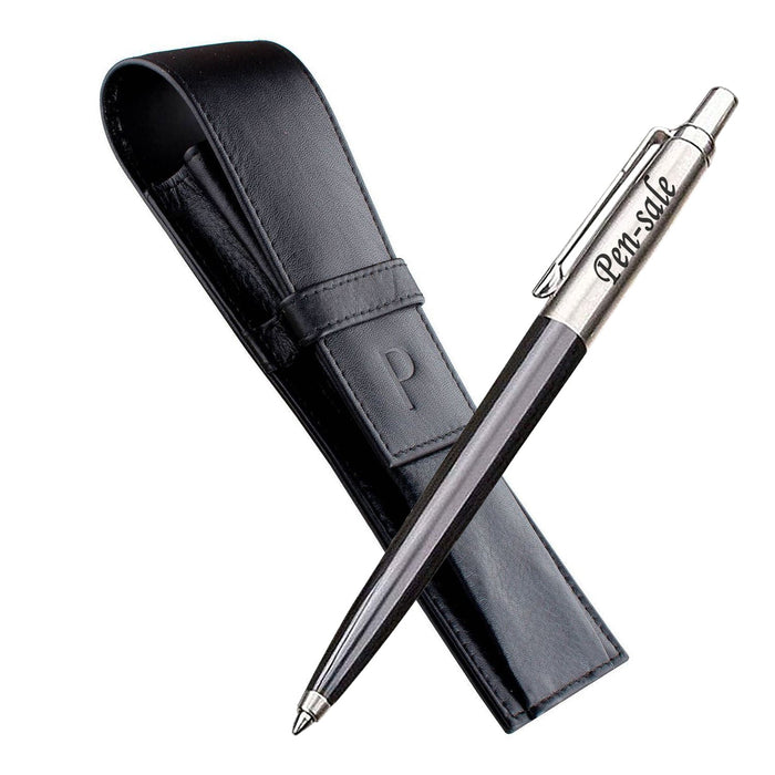 Personalised Engraved Parker Jotter Black Pen with Genuine Leather Pouch