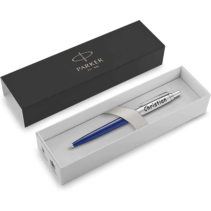 Personalised Engraved Parker Jotter Blue Ballpoint Pen in Gift Box and Genuine Pink Leather Pouch