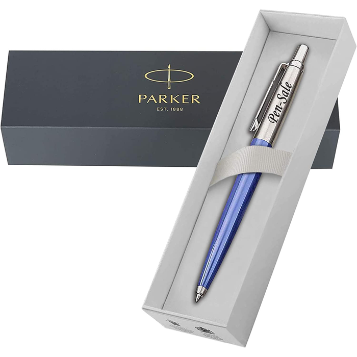 Personalised Engraved Parker Jotter Blue Ballpoint Pen in Gift Box and Genuine Pink Leather Pouch