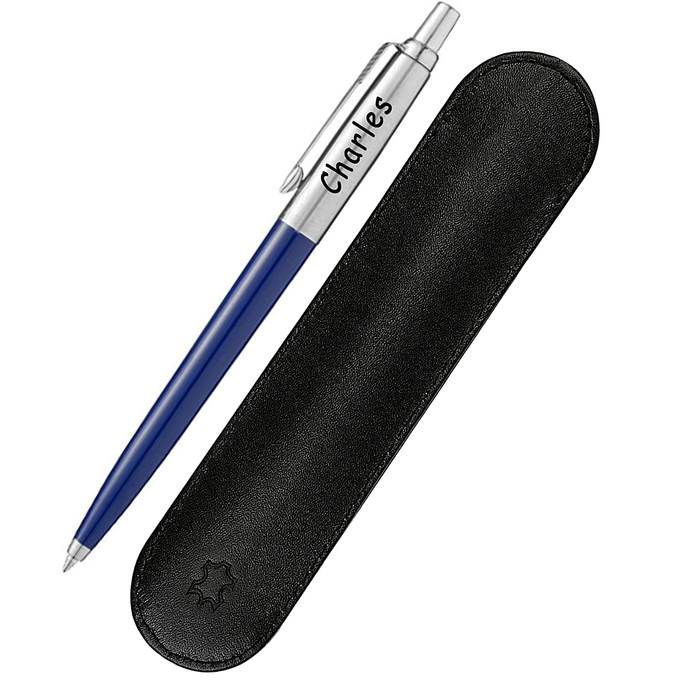 Personalised Engraved Parker Jotter Blue Pen with Genuine Leather Pouch