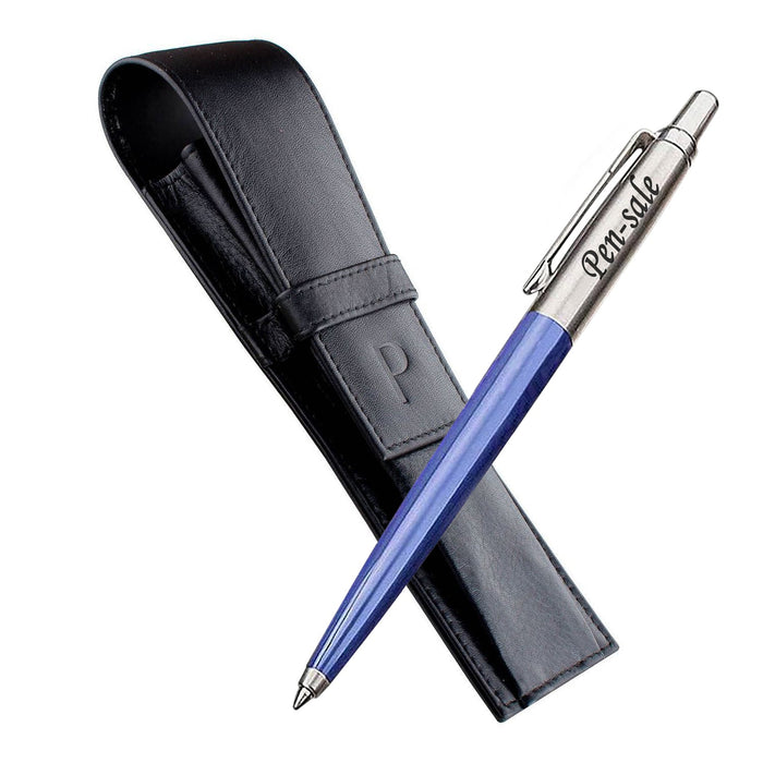 Personalised Engraved Parker Jotter Blue Pen with Genuine Leather Pouch