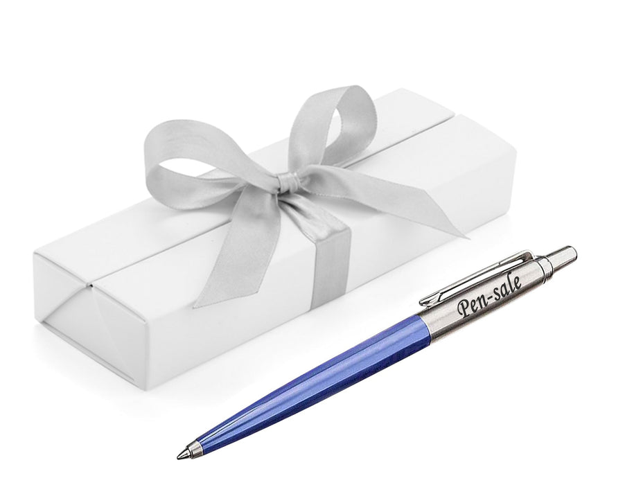 Personalised Engraved Parker Jotter Blue Blue Ink Ballpoint Pen in Ribbon Presentation Box