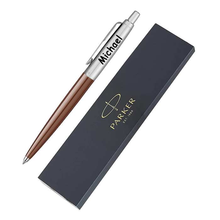 Personalised Engraved Parker Jotter Brown Ballpoint Pen in Gift Box and Genuine Leather Pouch