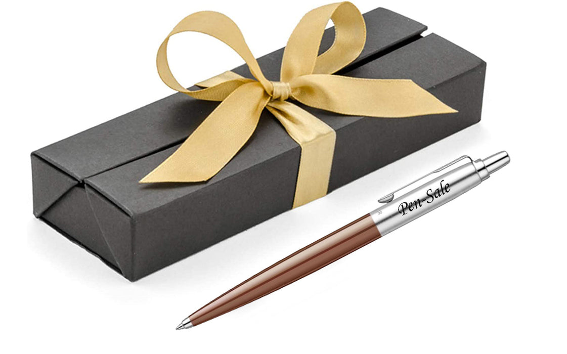 Personalised Engraved Parker Jotter Brown Blue Ink Ballpoint Pen in Ribbon Presentation Box