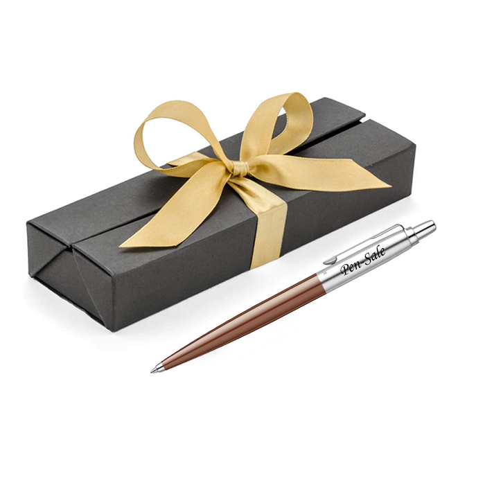 Personalised Engraved Parker Jotter Brown Blue Ink Ballpoint Pen in Ribbon Presentation Box