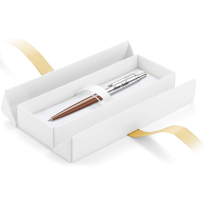 Personalised Engraved Parker Jotter Brown Blue Ink Ballpoint Pen in Ribbon Presentation Box