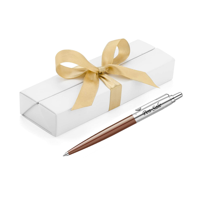 Personalised Engraved Parker Jotter Brown Blue Ink Ballpoint Pen in Ribbon Presentation Box