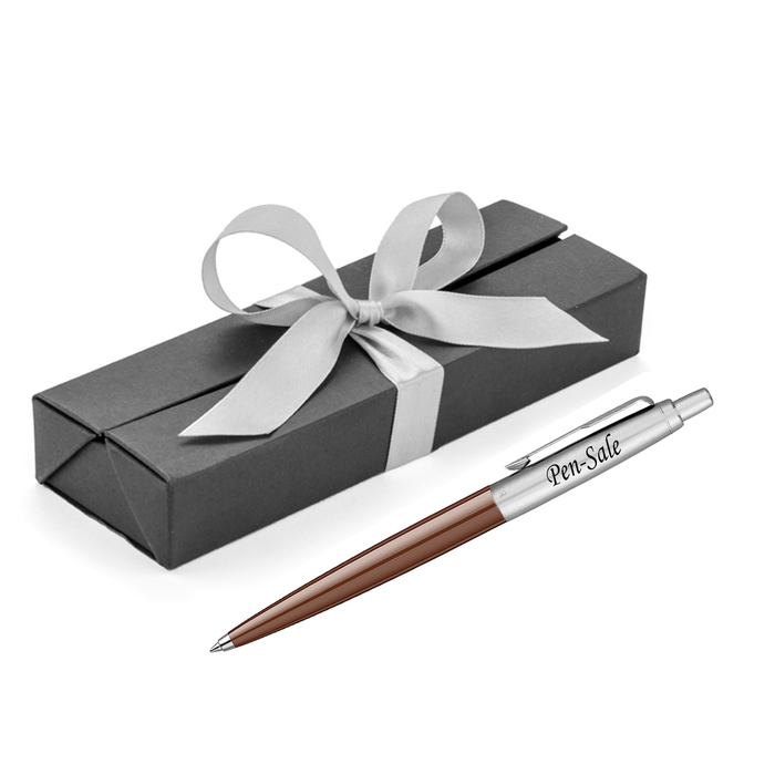 Personalised Engraved Parker Jotter Brown Blue Ink Ballpoint Pen in Ribbon Presentation Box