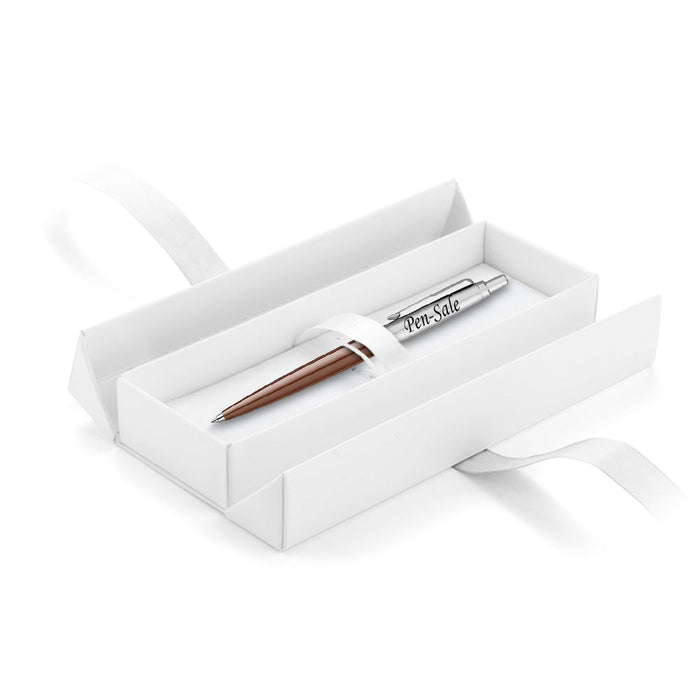 Personalised Engraved Parker Jotter Brown Blue Ink Ballpoint Pen in Ribbon Presentation Box