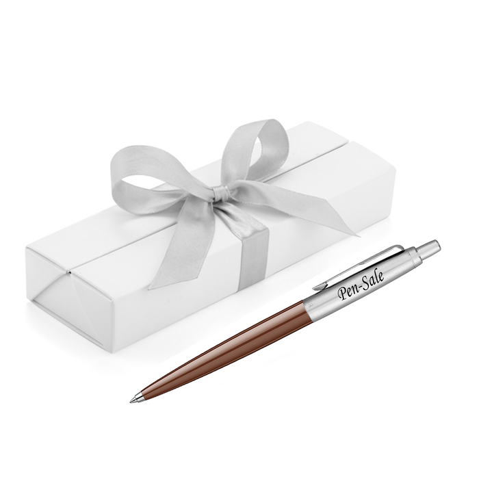 Personalised Engraved Parker Jotter Brown Blue Ink Ballpoint Pen in Ribbon Presentation Box