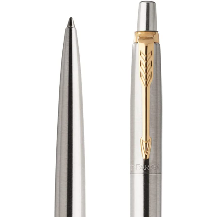 Personalised Engraved Parker Jotter Stainless Steel Gold Trim Ballpoint Pen Gift Boxed with a Classy Genuine Leather Pen Slip