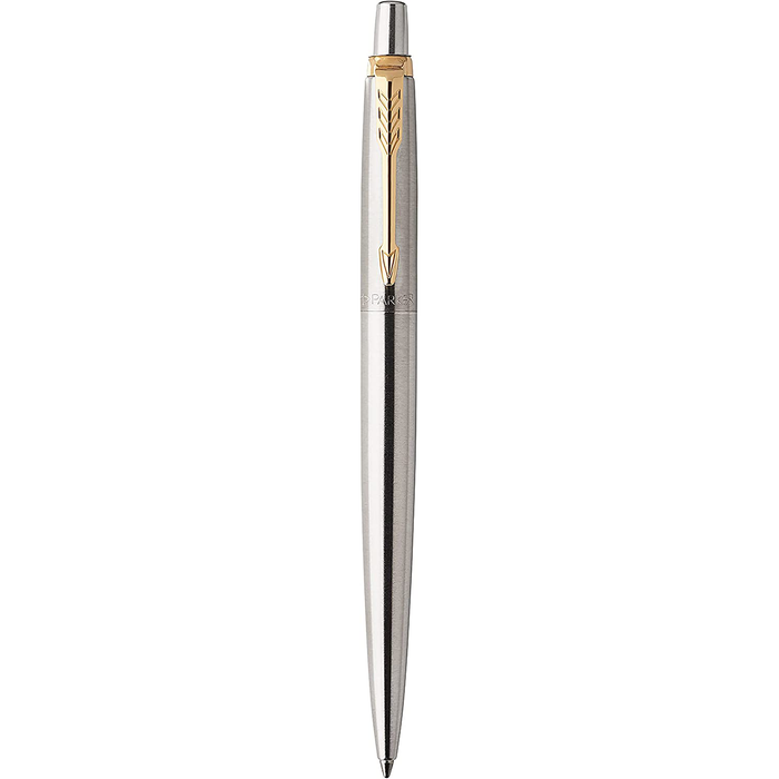 Personalised Engraved Parker Jotter Stainless Steel Gold Trim Ballpoint Pen Gift Boxed with a Classy Genuine Leather Pen Slip