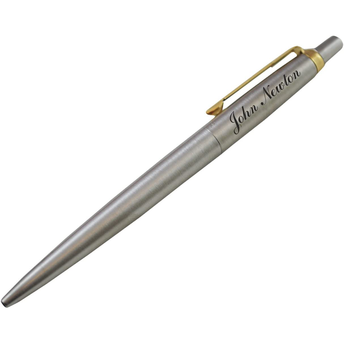 Personalised Silver Parker Jotter Ballpoint Pen with Gold Trim in Blue Leather Case and Parker Gift Box
