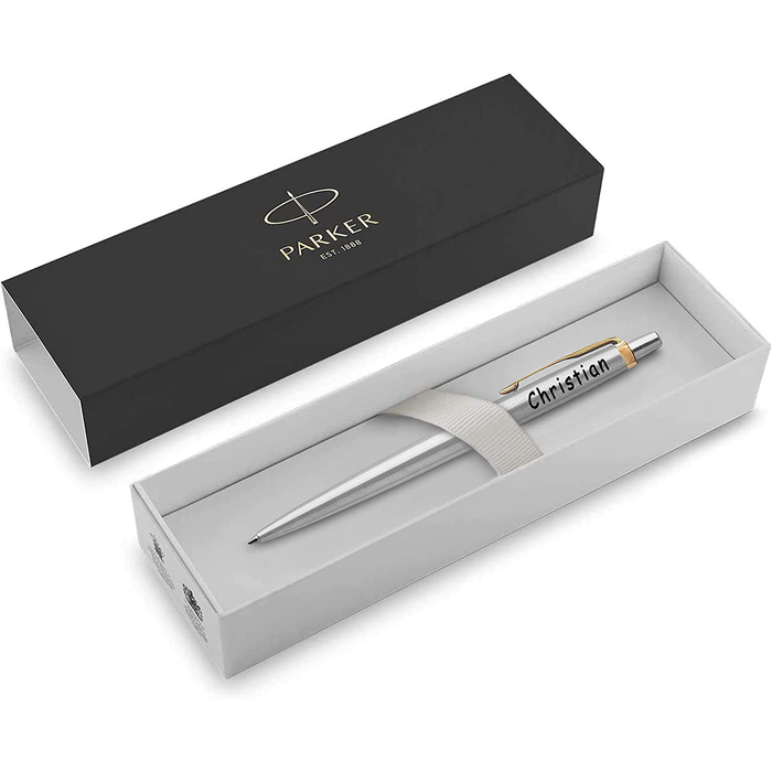 Personalised Silver Parker Jotter Ballpoint Pen with Gold Trim in Pink Leather Case and Parker Gift Box