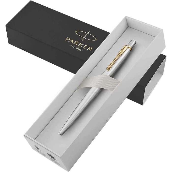 Personalised Silver Parker Jotter Ballpoint Pen with Gold Trim in Pink Leather Case and Parker Gift Box