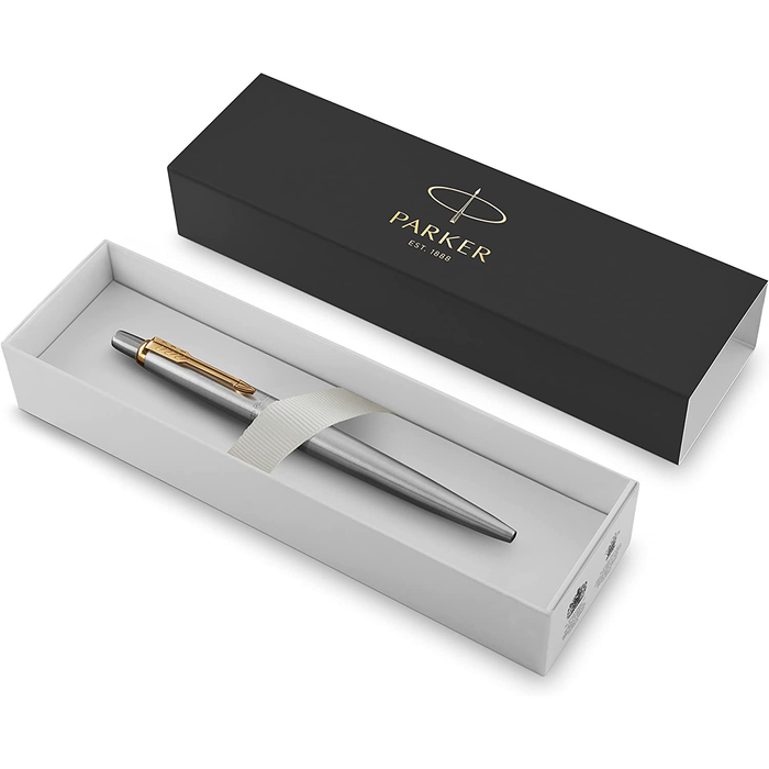 Personalised Silver Parker Jotter Ballpoint Pen with Gold Trim in Pink Leather Case and Parker Gift Box