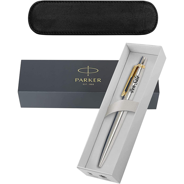 Personalised Engraved Parker Jotter Stainless Steel Gold Trim Ballpoint Pen Gift Boxed with a Classy Genuine Leather Pen Slip
