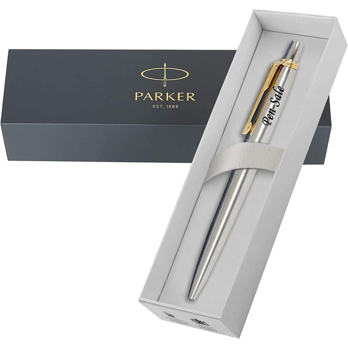 Personalised Engraved Parker Jotter Stainless Steel Gold Trim Ballpoint Pen Gift Boxed with a Classy Genuine Leather Pen Slip