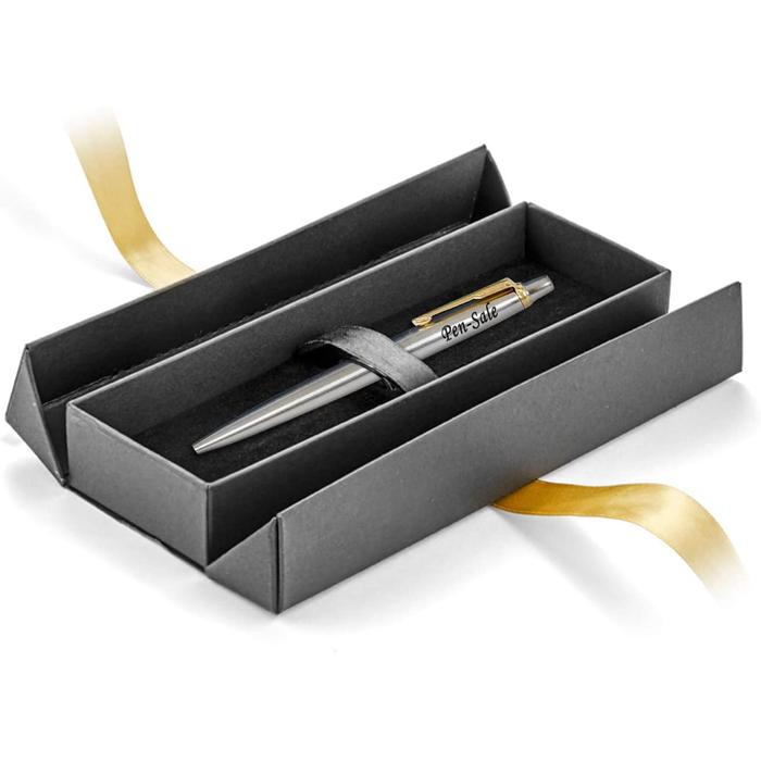 Personalised Engraved Parker Jotter Stainless Steel Gold Trim Ballpoint Pen in Ribbon Presentation Box