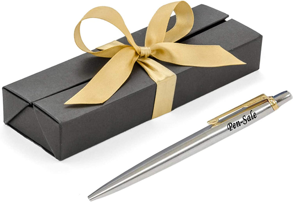 Personalised Engraved Parker Jotter Stainless Steel Gold Trim Blue Ink Ballpoint Pen in Ribbon Presentation Box