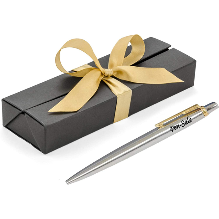 Personalised Engraved Parker Jotter Stainless Steel Gold Trim Blue Ink Ballpoint Pen in Ribbon Presentation Box