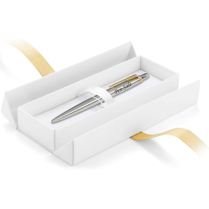 Personalised Engraved Parker Jotter Stainless Steel Gold Trim Ballpoint Pen in Ribbon Presentation Box