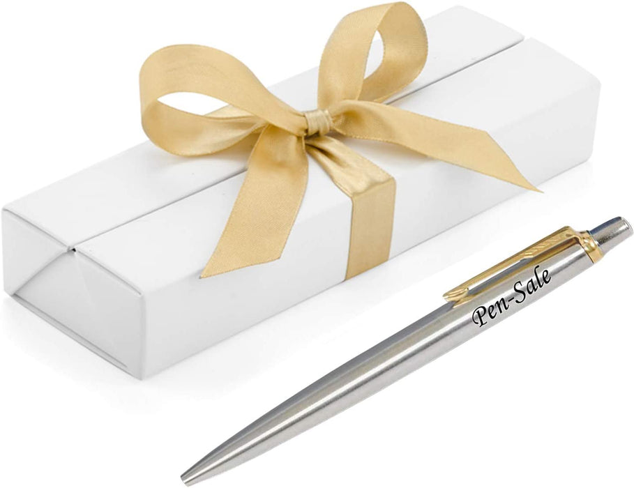 Personalised Engraved Parker Jotter Stainless Steel Gold Trim Ballpoint Pen in Ribbon Presentation Box