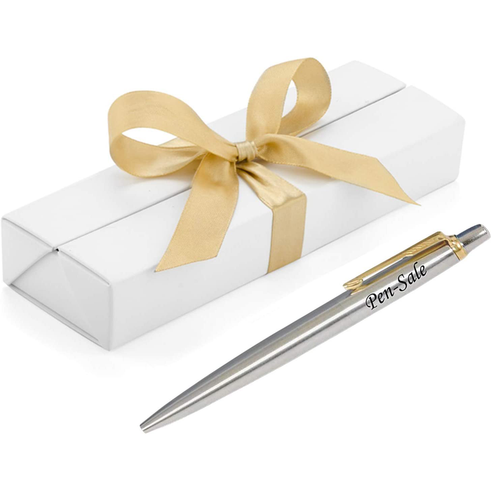 Personalised Engraved Parker Jotter Stainless Steel Gold Trim Blue Ink Ballpoint Pen in Ribbon Presentation Box