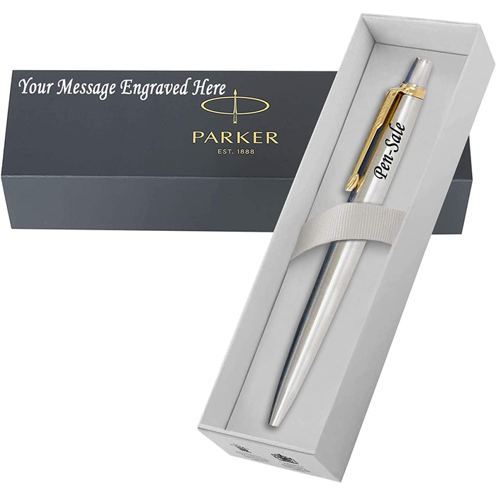 Personalised Engraved Parker Jotter Stainless Steel Gold Trim Ballpoint Pen in Engraved Parker Gift Box